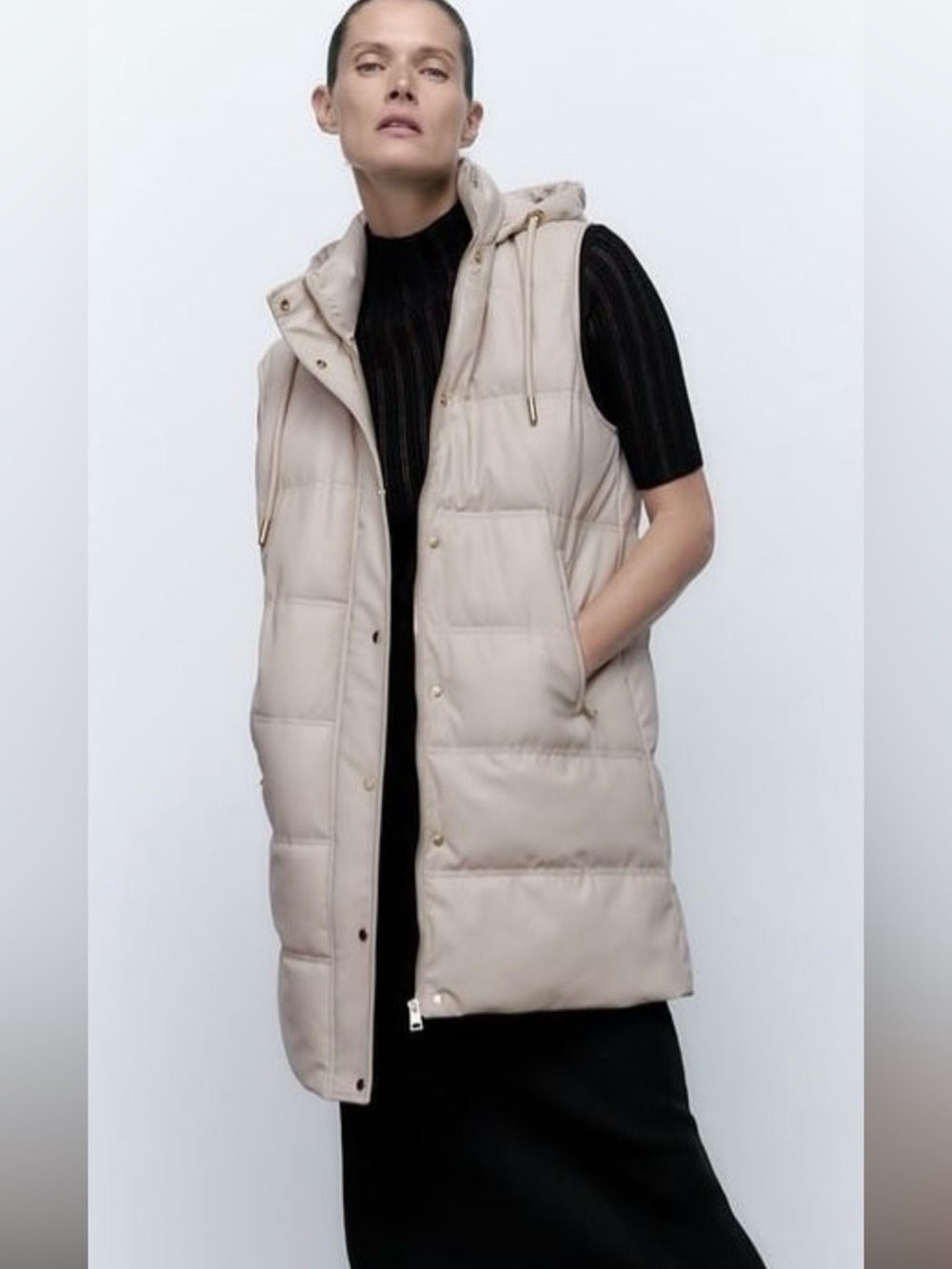Zara Sleeveless Quilted Long Hooded Puffer Vest in Cream